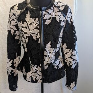 INC International Concepts Black and White Floral Lac Blazer With Peplum Bottom